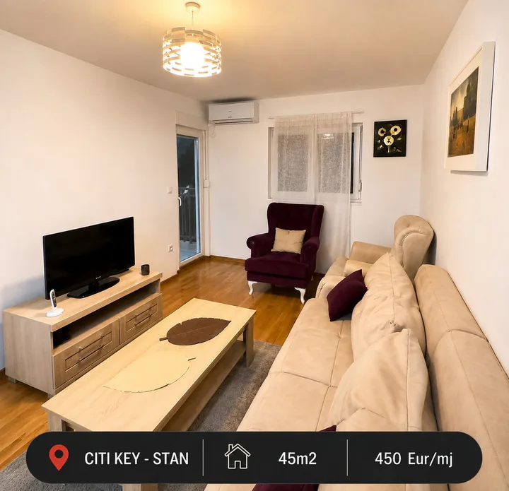 Izdaje se potpuno namješten jednosoban stan City Key, Podgorica.